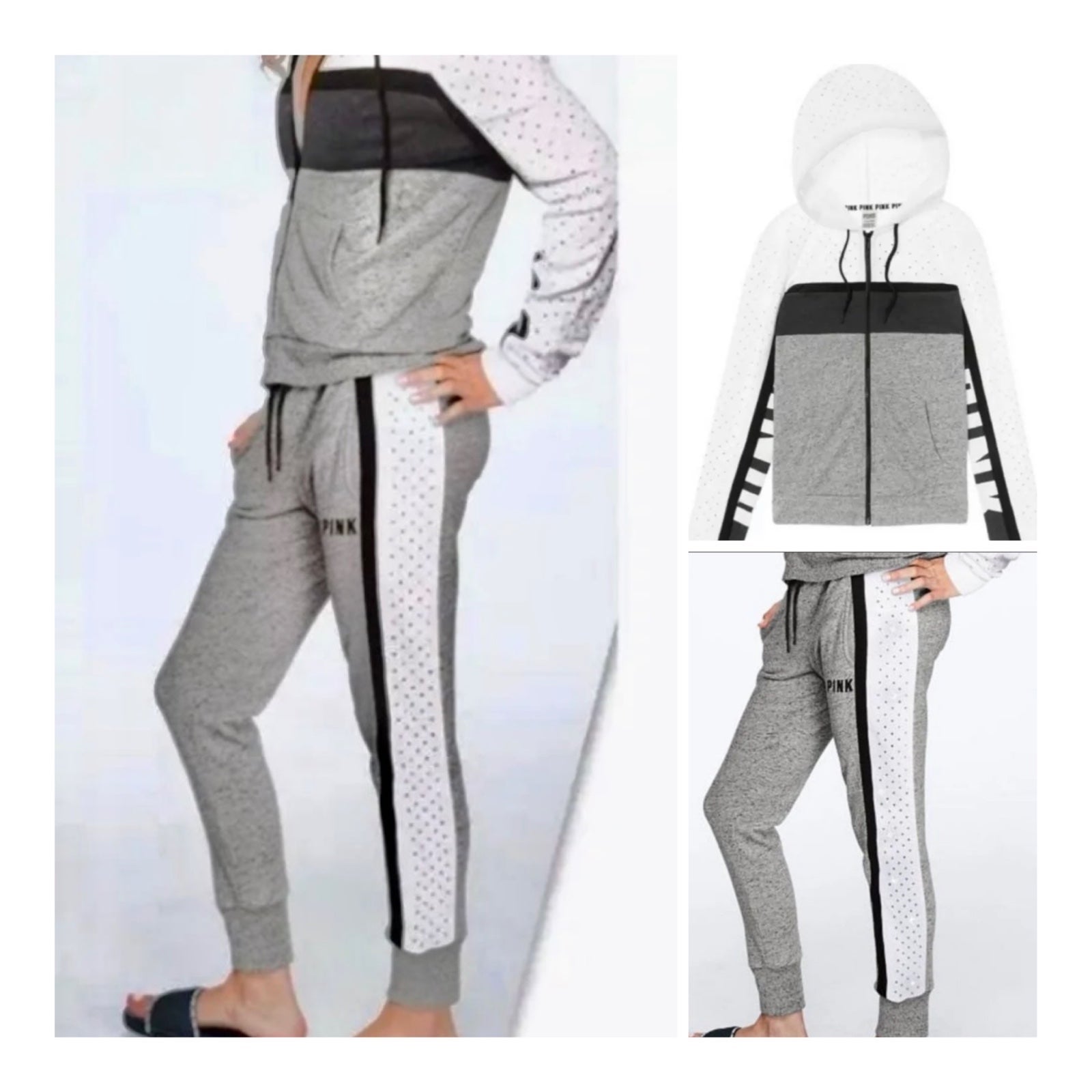 VS PINK 2pc black grey white rhinestone color block hoodie jogger pants outfit M