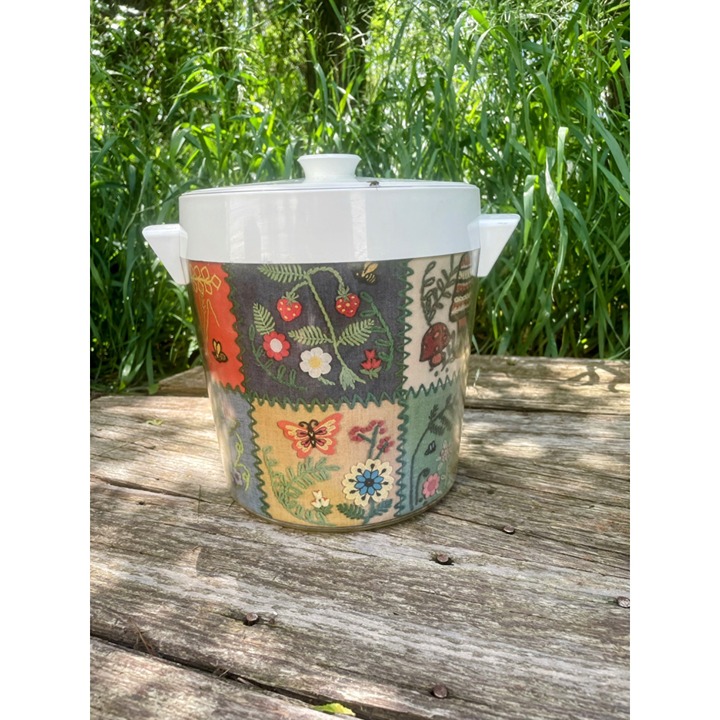 Vintage 1970s West Bend Thermo Serv Ice Bucket Embroidery Mushrooms
