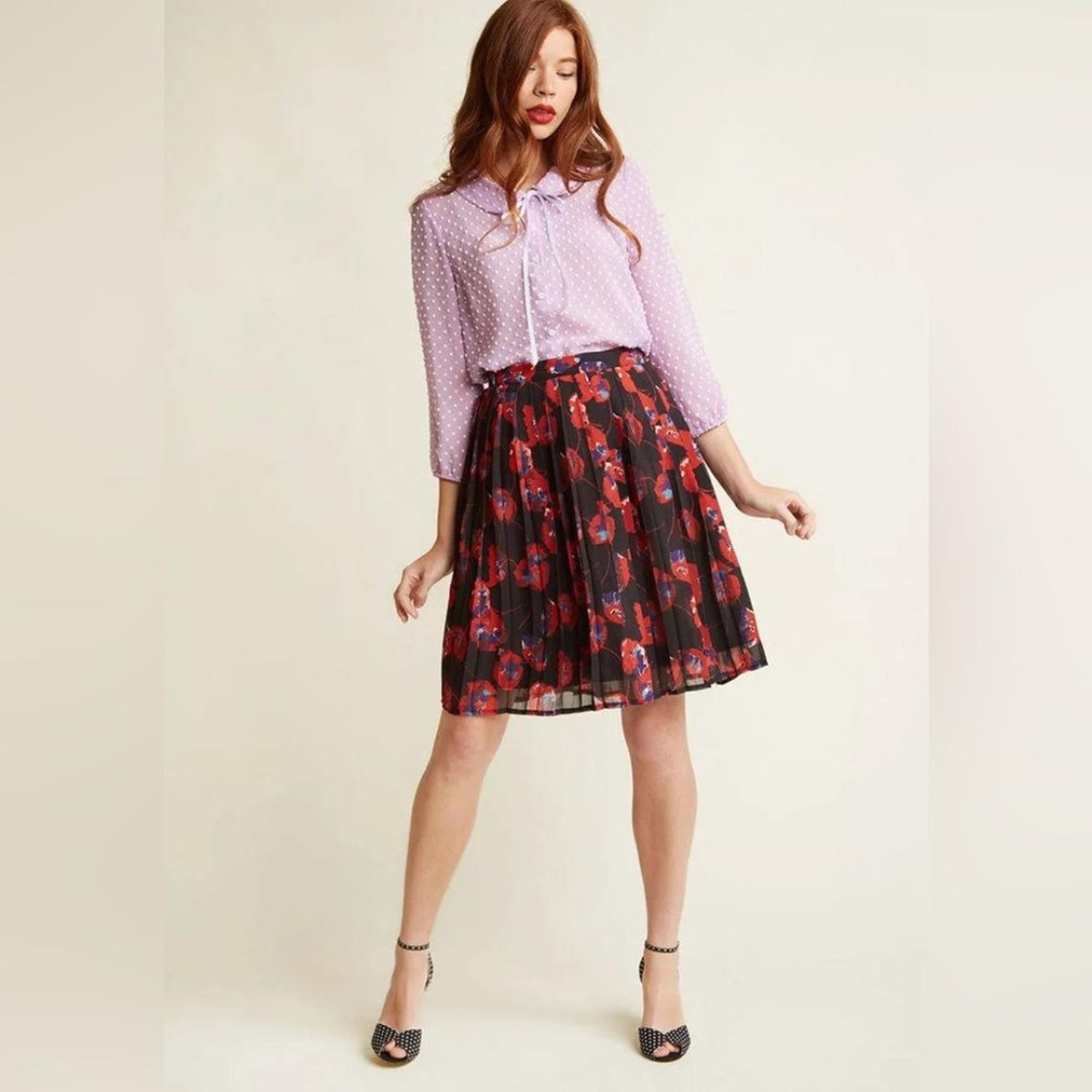 Modcloth Poppy Floral Pleated A-Line Chiffon Skirt L Preppy Retro 60s Romaric