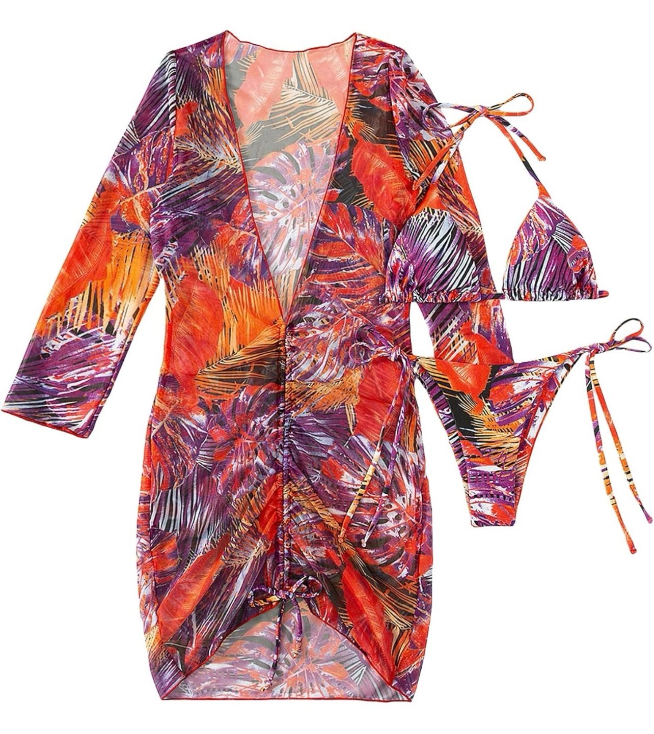 SOLY HUX Printed Triangle Halter Bikini Bathing Suit with Cover Up 3 Piece S-Lg.