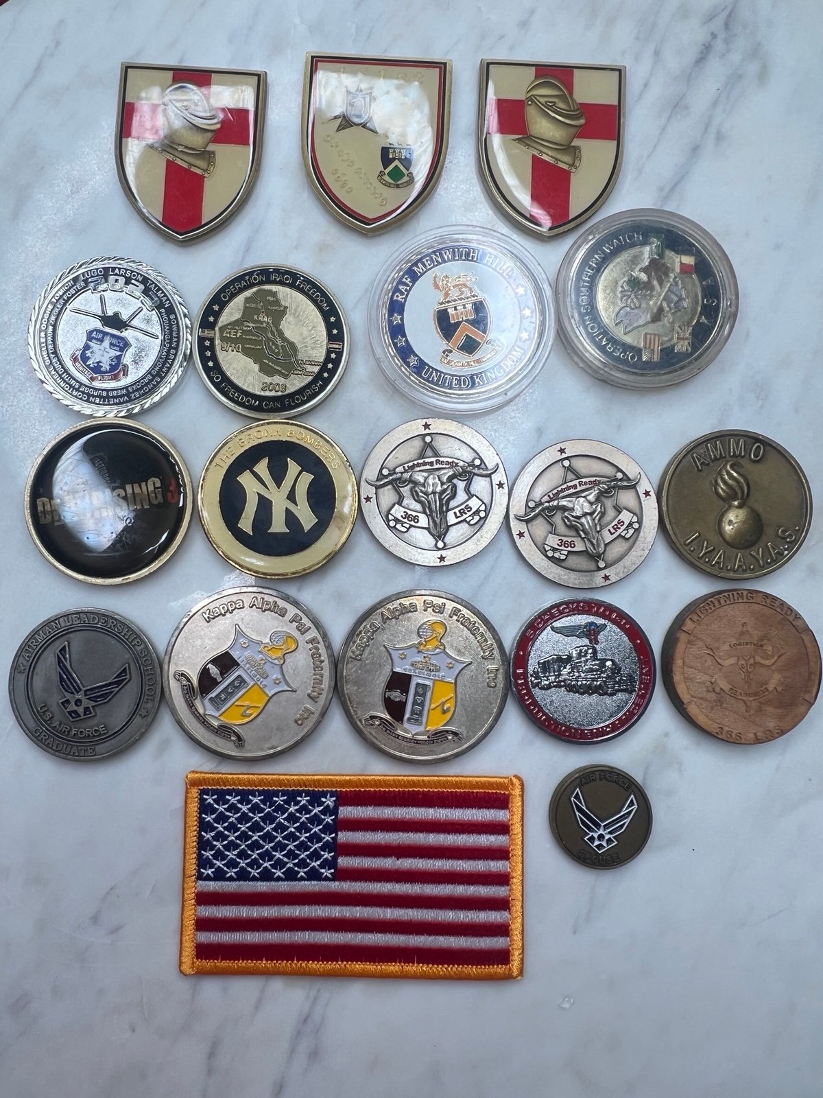 Lot of 18 Air Force Challenge Coins with flag patch