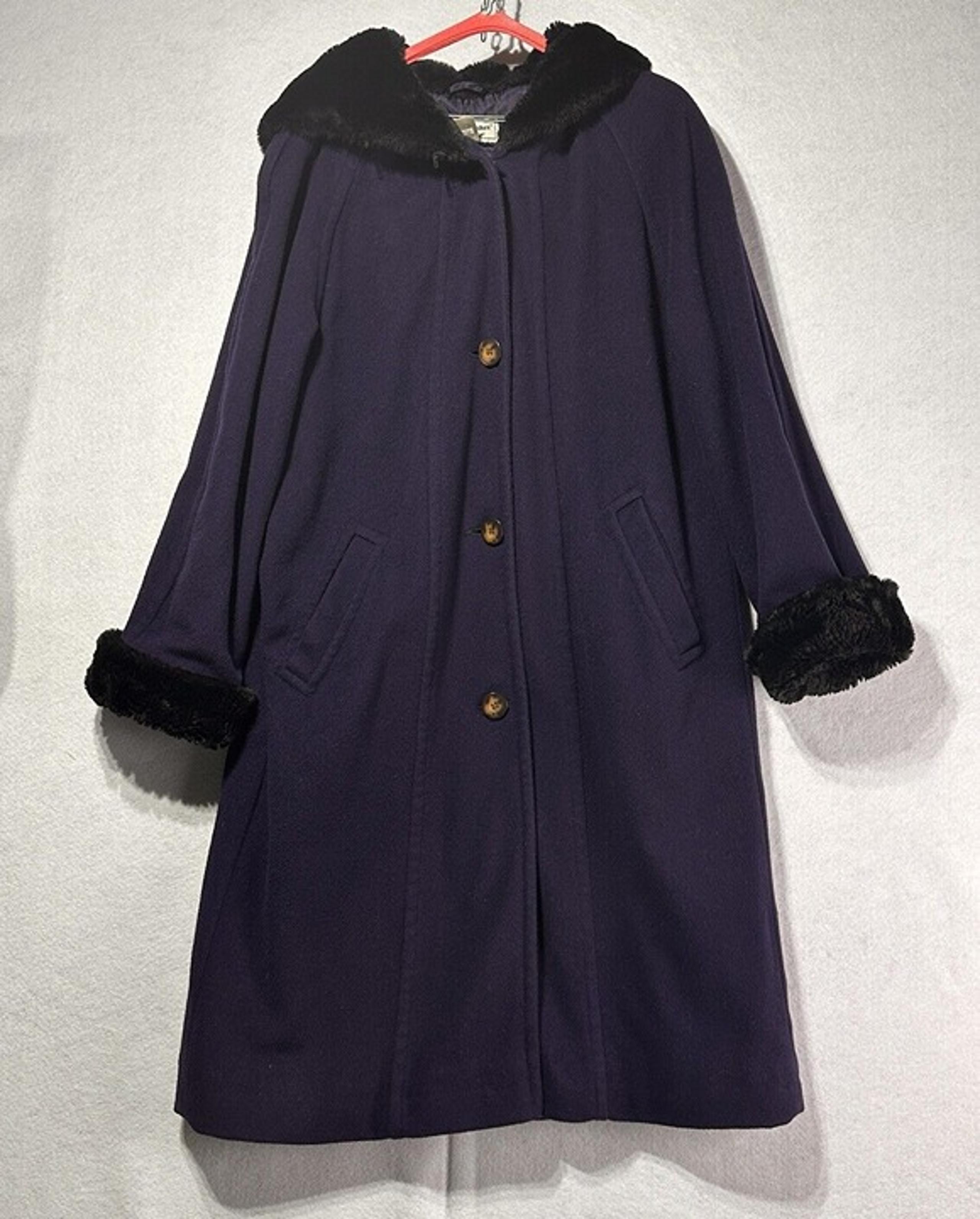 LL Bean Wool Alpaca Hooded Coat Faux Fur Trim Royal Purple Small/Med USA Vintage