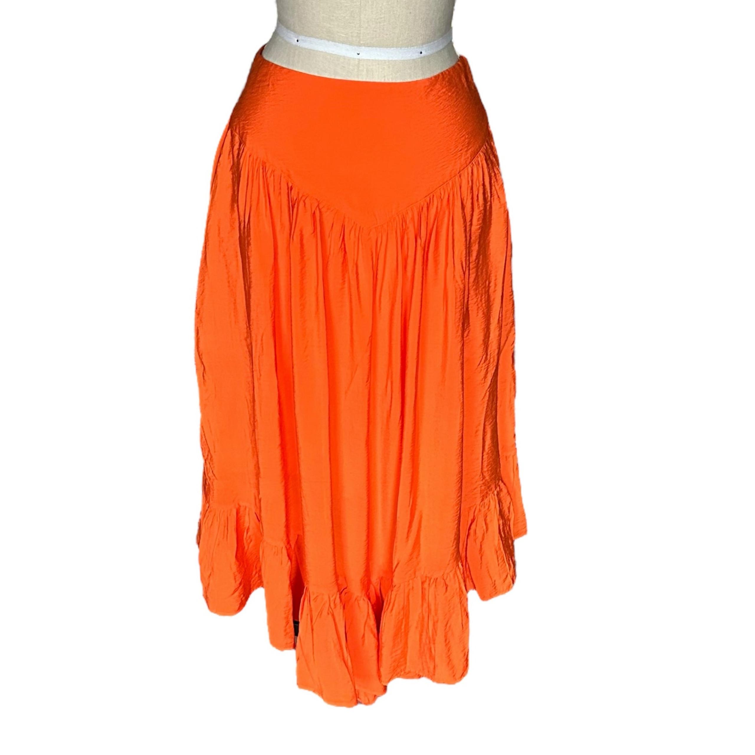 ANTHROPOLOGIE Vibrant Bold Orange Ruffle Pull On Midi Skirt Women's Size Small