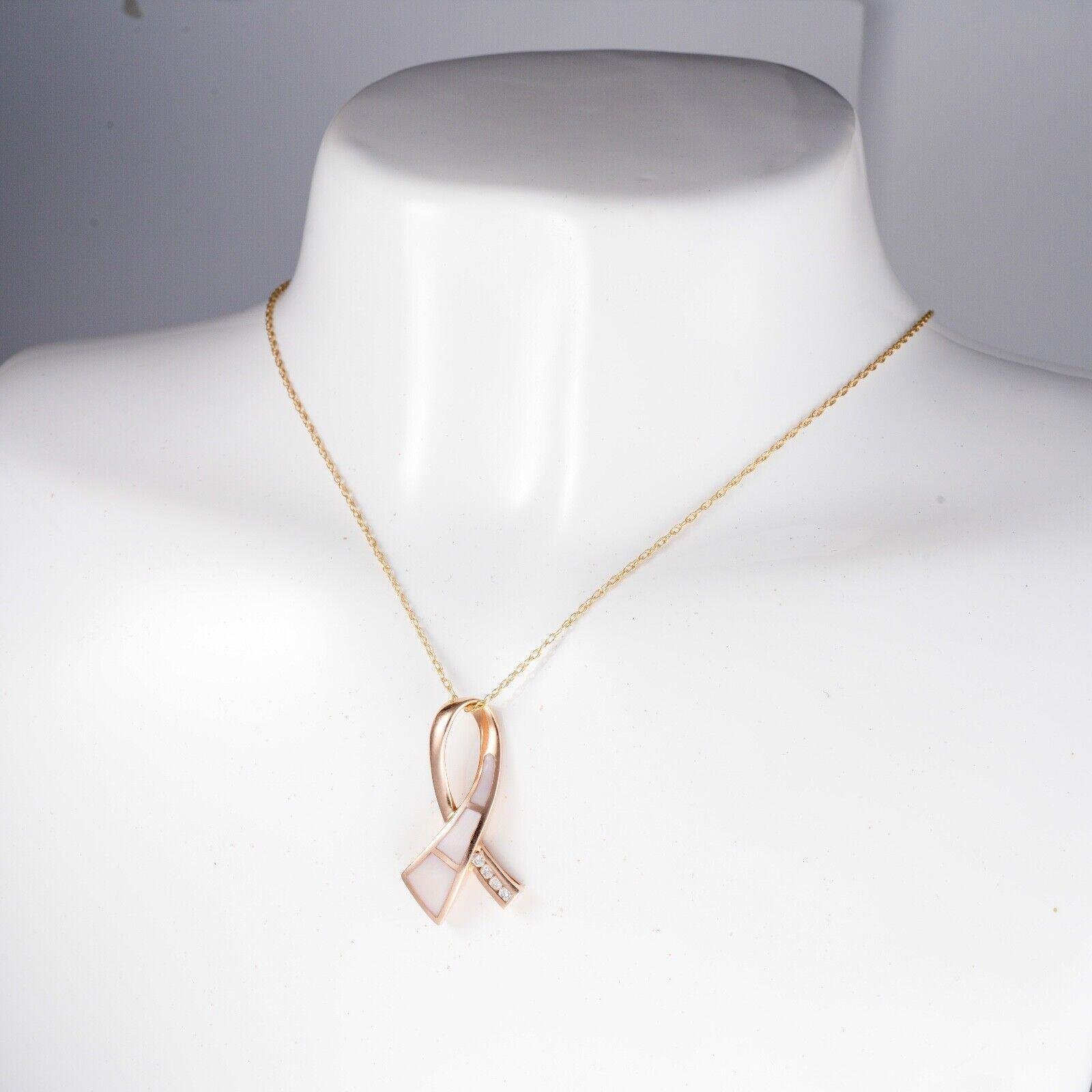 14K Rose Gold Mother Of Pearl Diamond Ribbon Slide Pendant Necklace BreastCancer
