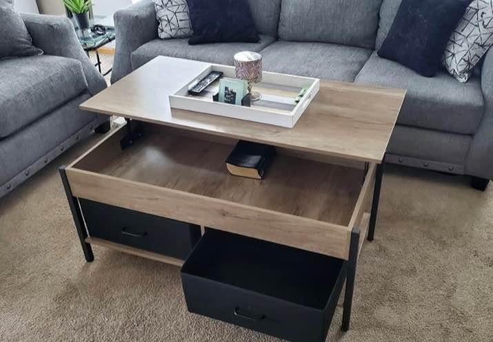 NEW! Lift Top Coffee Table With Hidden Compartment And 2 Fabric Baskets
