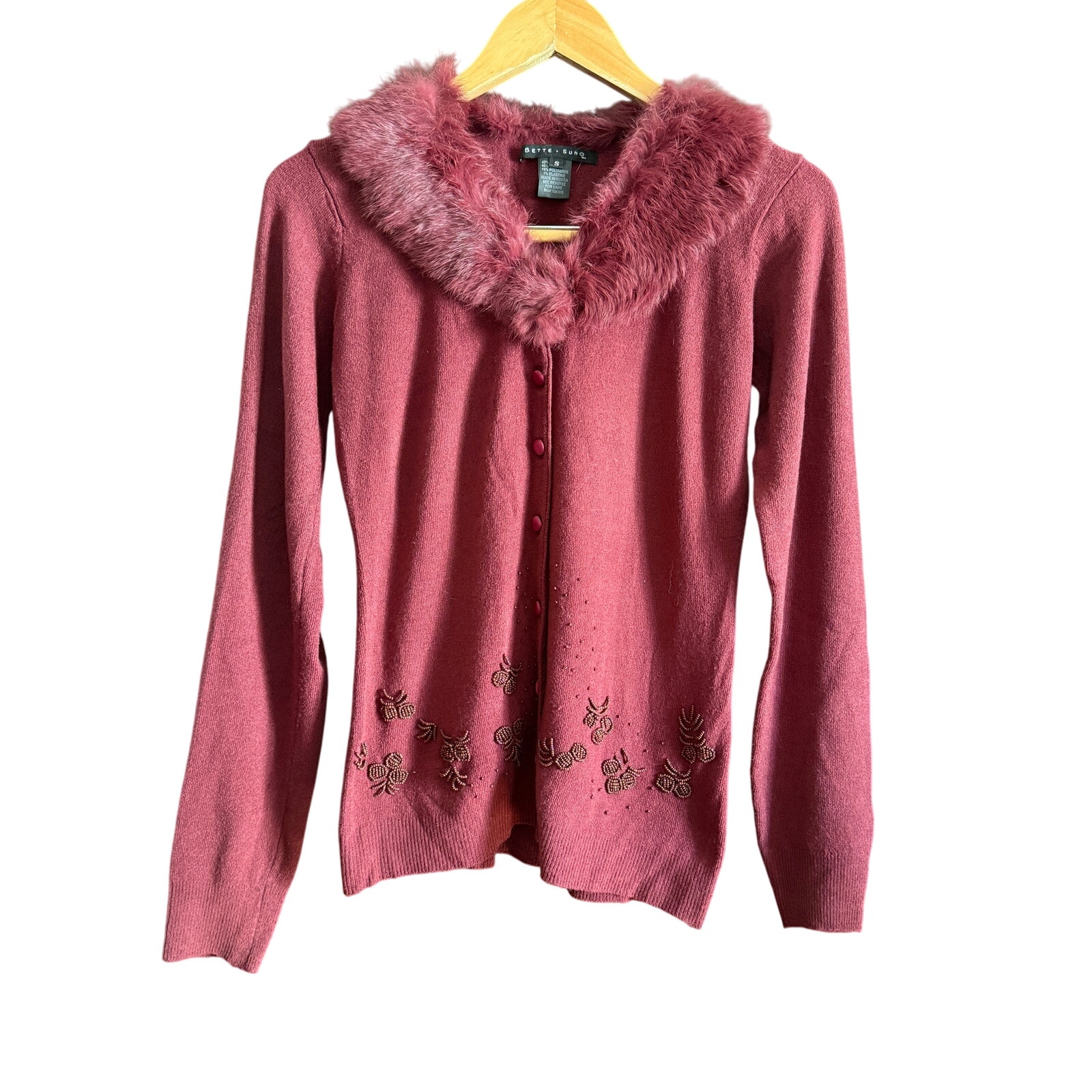 BETTE SUNG | Burgundy Wool Blend Real Fur Collar Beaded Cardigan sweater | Small