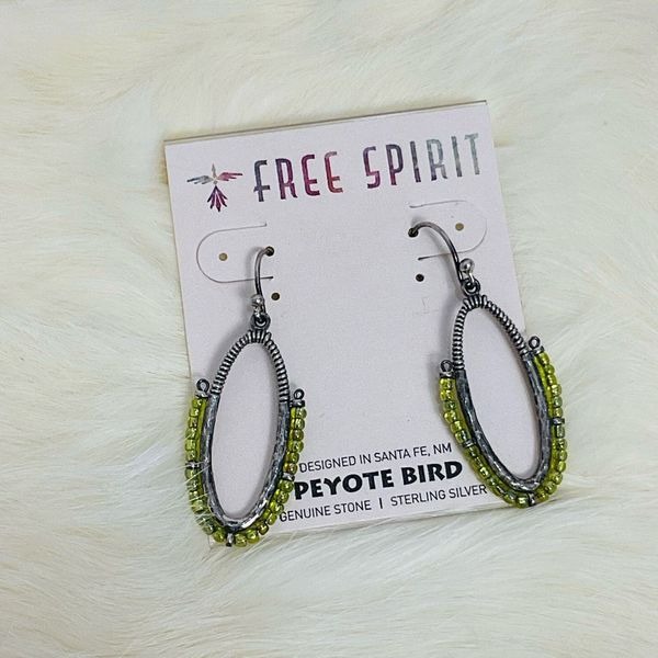 NWT Peyote Bird Free Spirit Sterling Silver Dangle Hoop Earrings Green Glass Bea