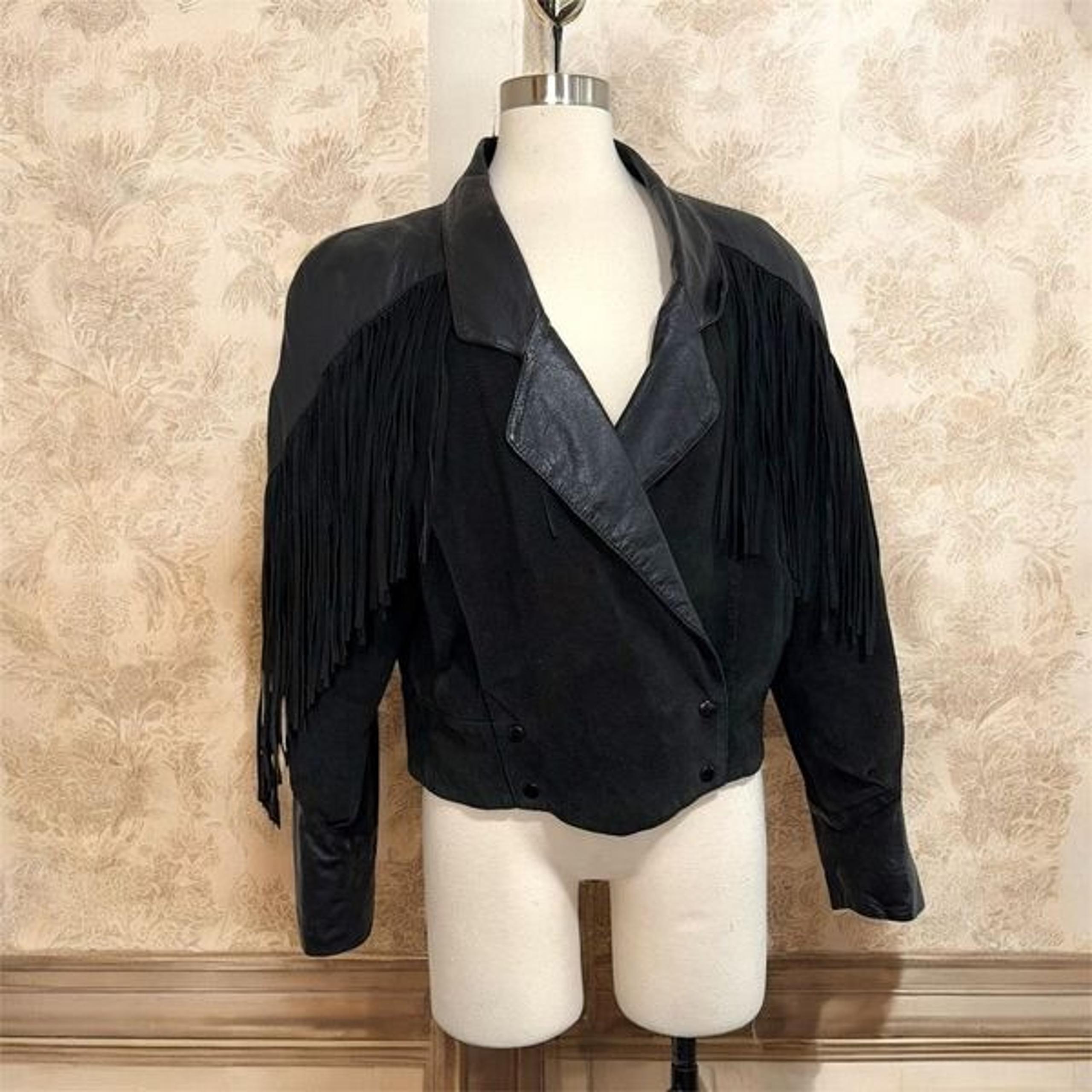 Vintage Scully Black Leather Fringe Suede Jacket Coat Small Concho