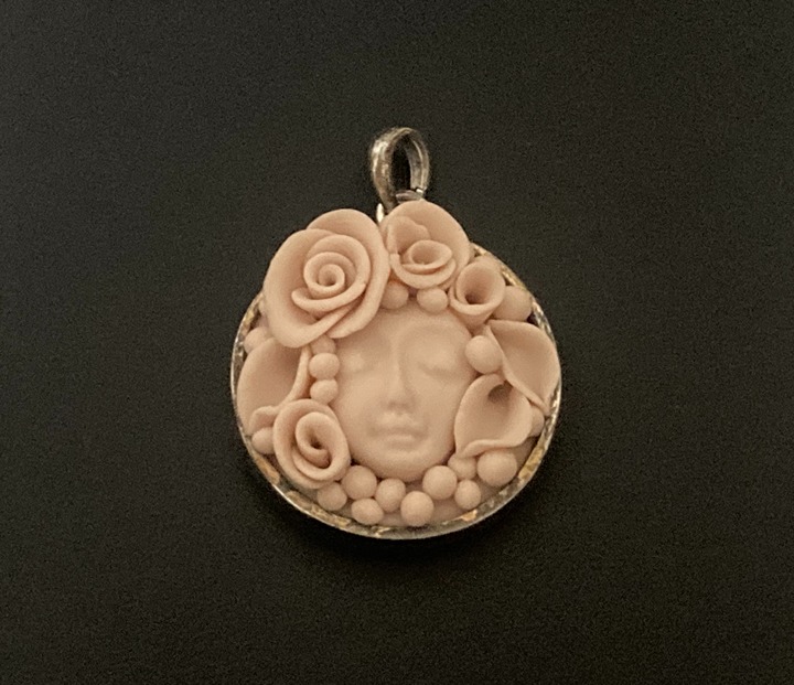 Vintage Bisque Ceramic Lady Face Eyes Closed Rose Flowers 3D Pendant RARE