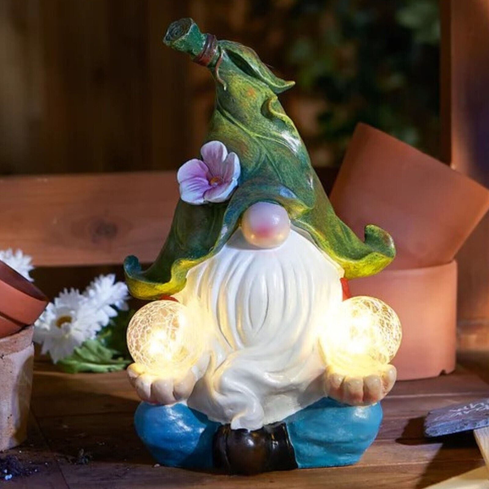 Solar Meditating Gnome Garden Statue with Crackle Globe Lights Patio Yard Decor