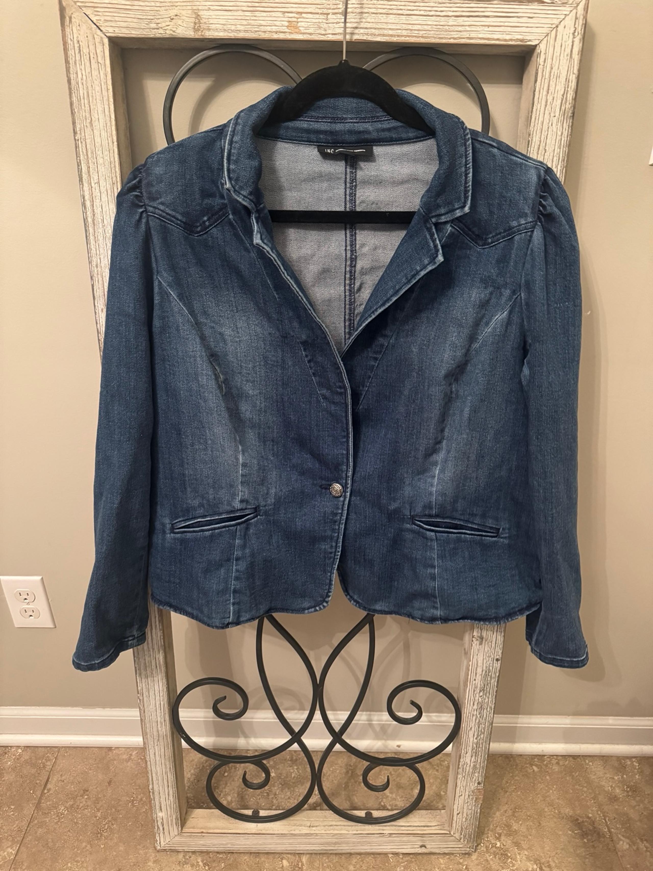 INC International Concepts Denim Blue Women’s Puff Sleeve Jacket Plus Size 0X