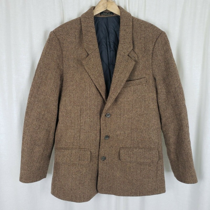 LL Bean Shetland Wool Thinsulate Herringbone Tweed Jacket Blazer Mens 38S Brown
