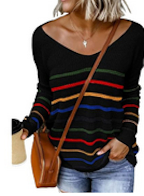 Color Block & Rainbow-striped V-Neck Sweater. Long Sleeve. Knit. Pullover
