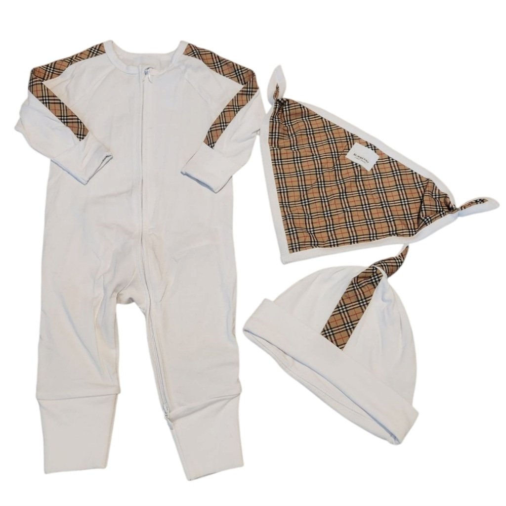 Burberry Kids Baby Claude Mini Check 3 Piece Romper Set in White, Size 6 Months