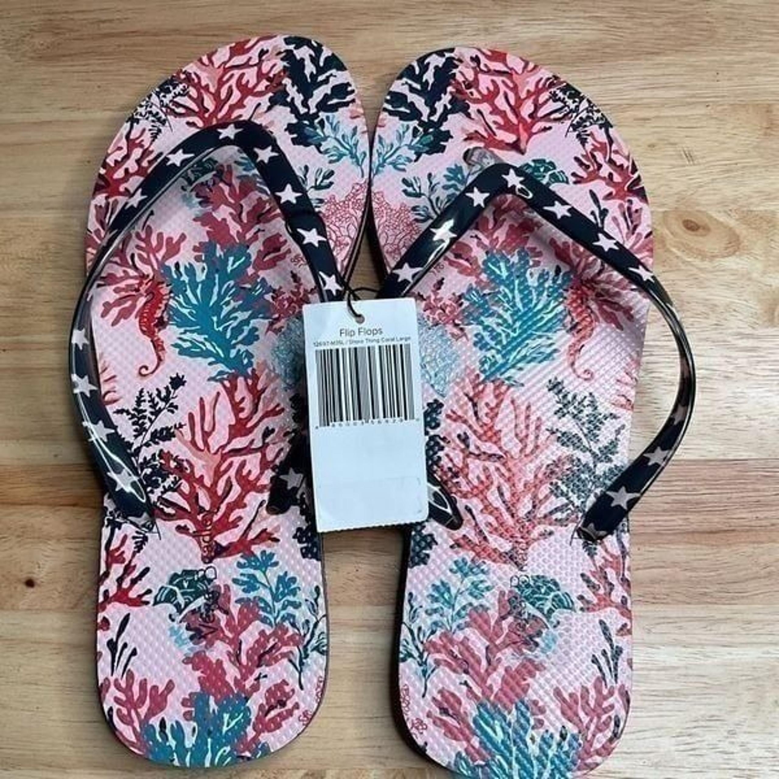 Vera Bradley SHORE THING Women's Flip Flops Large Pink Sea Horses Corals Beachy