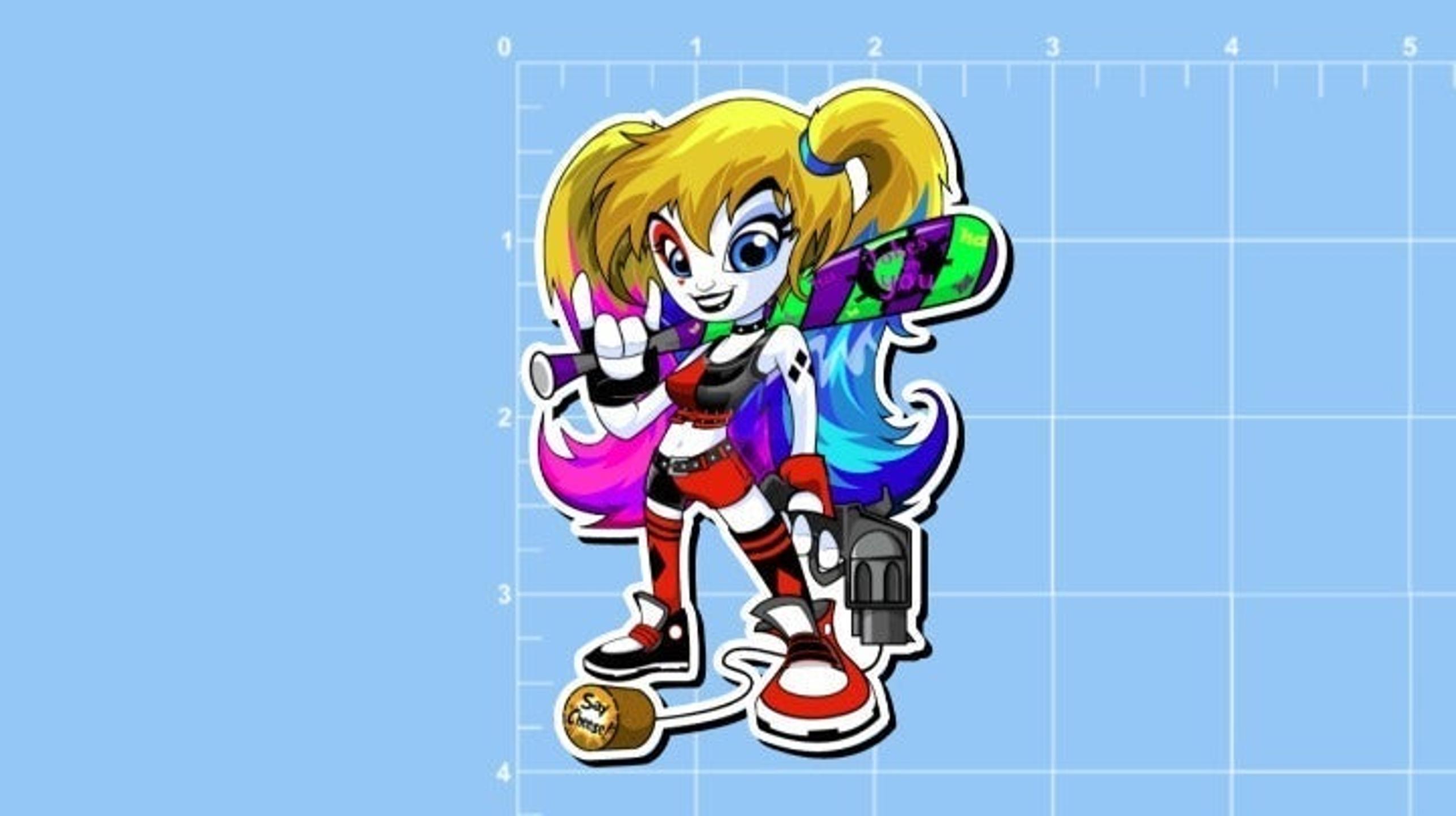 4"  of Sexy Cute Harley Quinn Toon with a Bat & Pop Gun Sticker. Name included