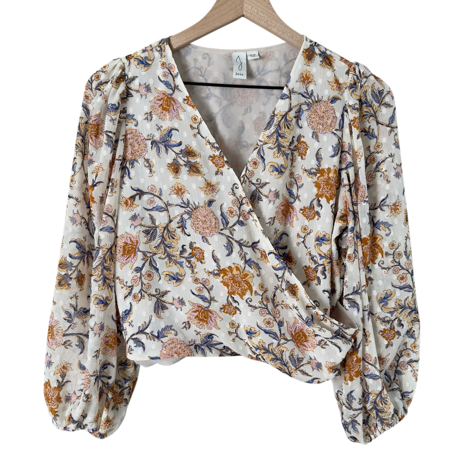 Joie Faux-Wrap Cropped Floral Blouse Sheer Sleeves Cream Orange Boho Print M