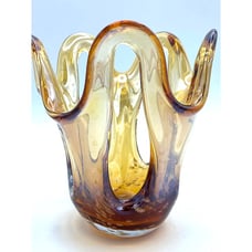 HQT Hand Blown Amber Art Glass Vase Candle Holder With Cut Outs