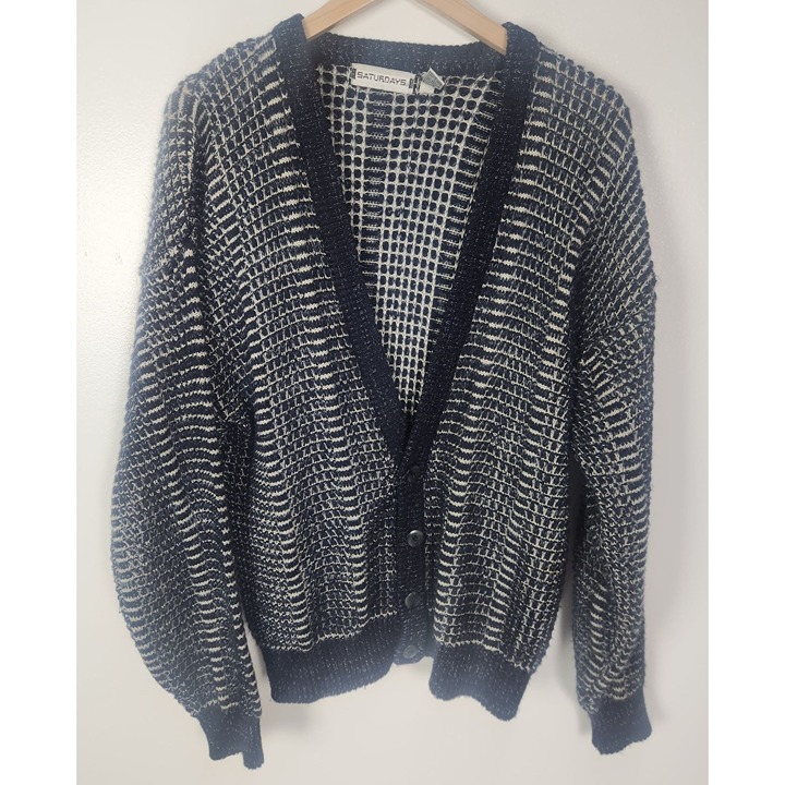 Vtg. Saturdays Men's Sz. M Navy & White Button Front Cardigan Sweater