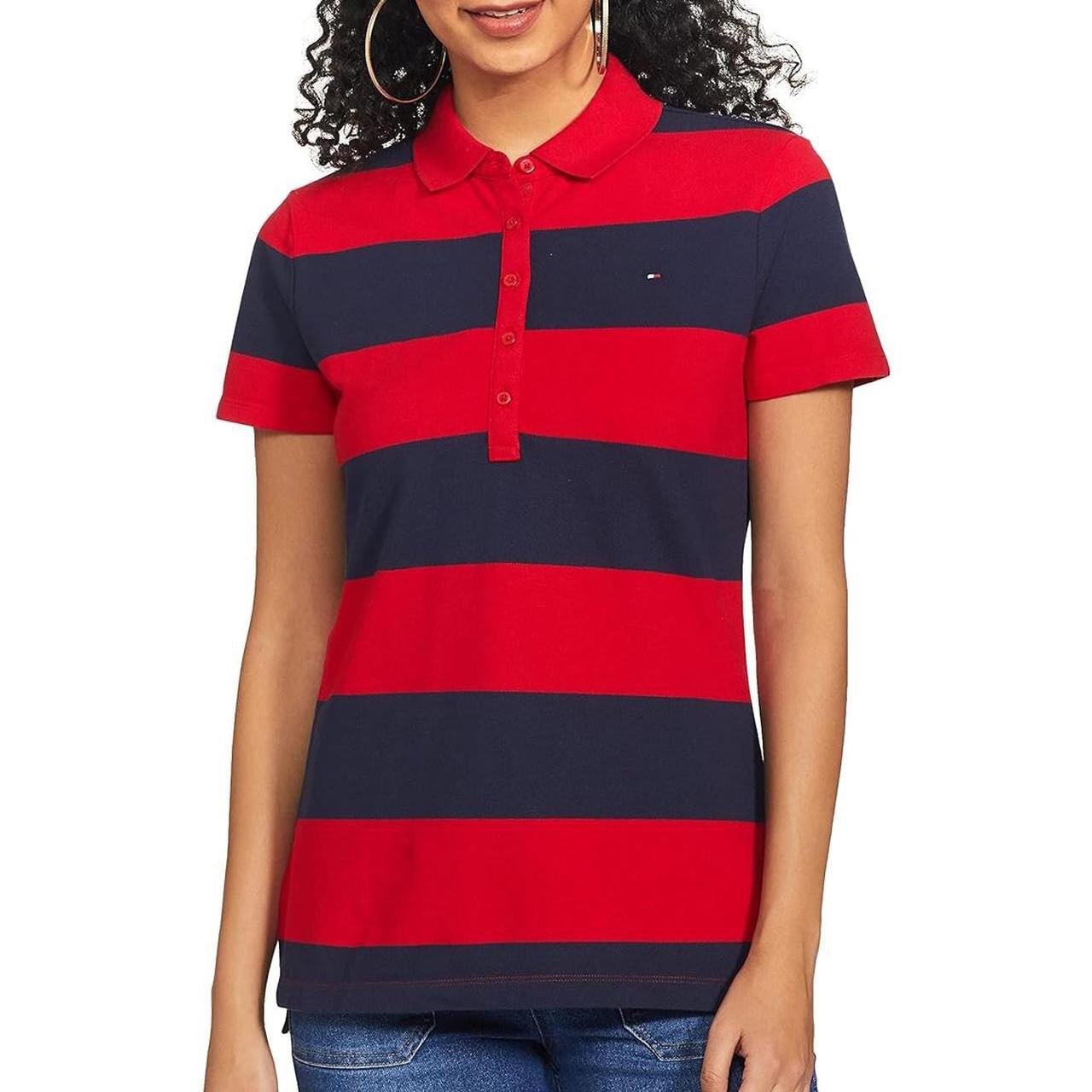 Tommy Hilfiger Women Classic Short Sleeve Polo Rugby Stripe Shirt Top Tee Blouse