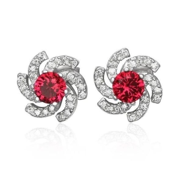 1.5 Ct. Ruby & White Topaz Gemstone Pinwheel Stud Earrings~.925 Sterling Silver