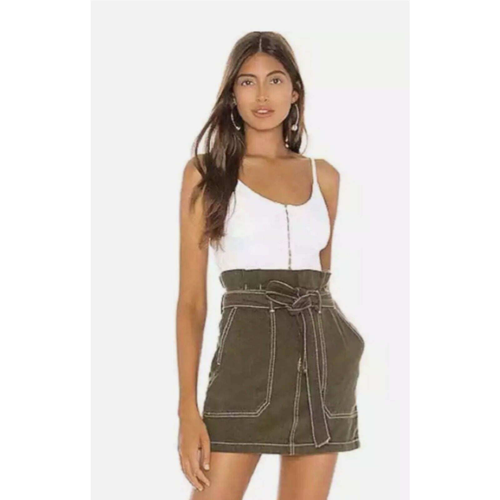 NEW Free People Splendor In The Grass Army Green Skirt Paper Bag Waist 6 D14