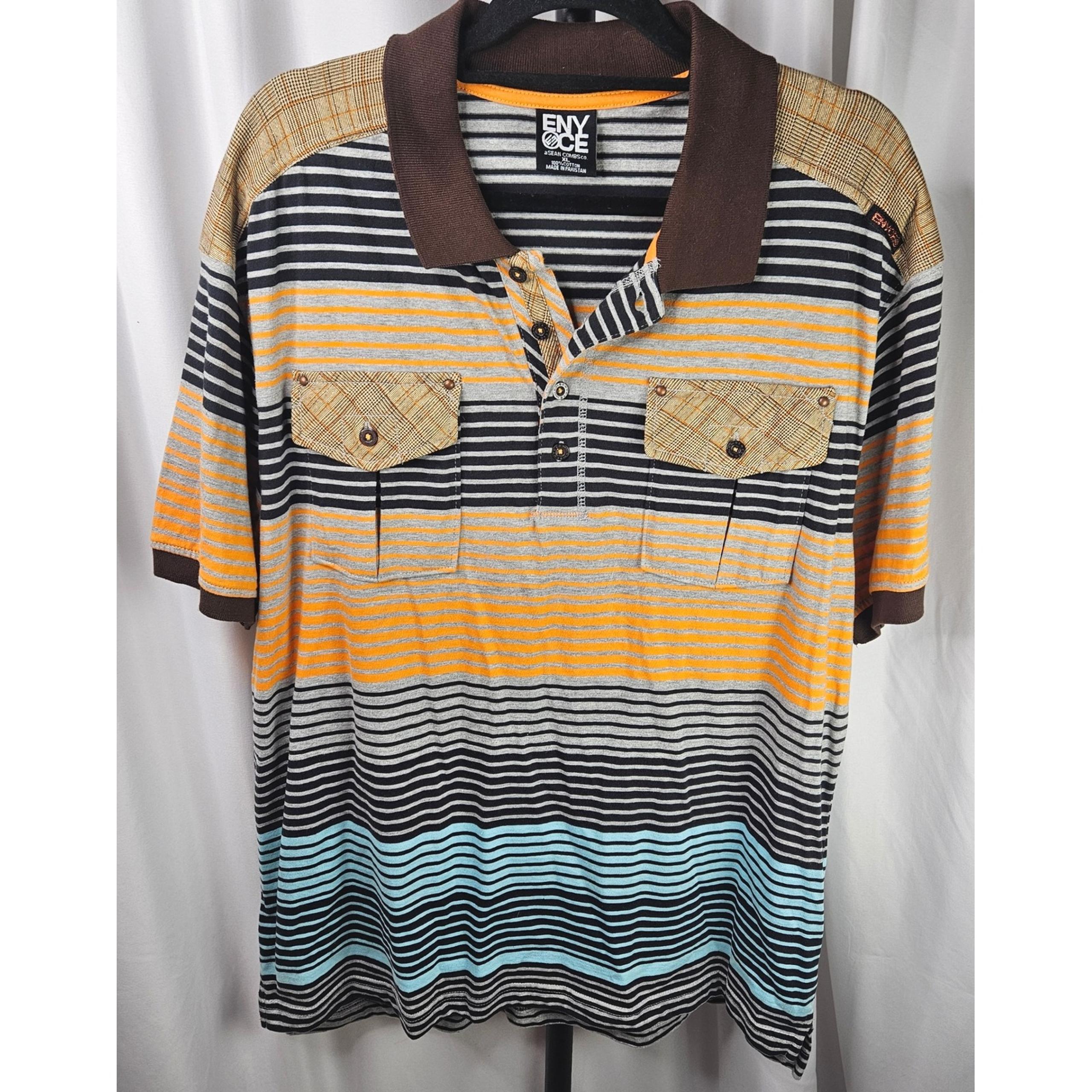 Vintage Y2K ENYCE Striped Polo Shirt Short Sleeve Plaid Accents Mens Size XL