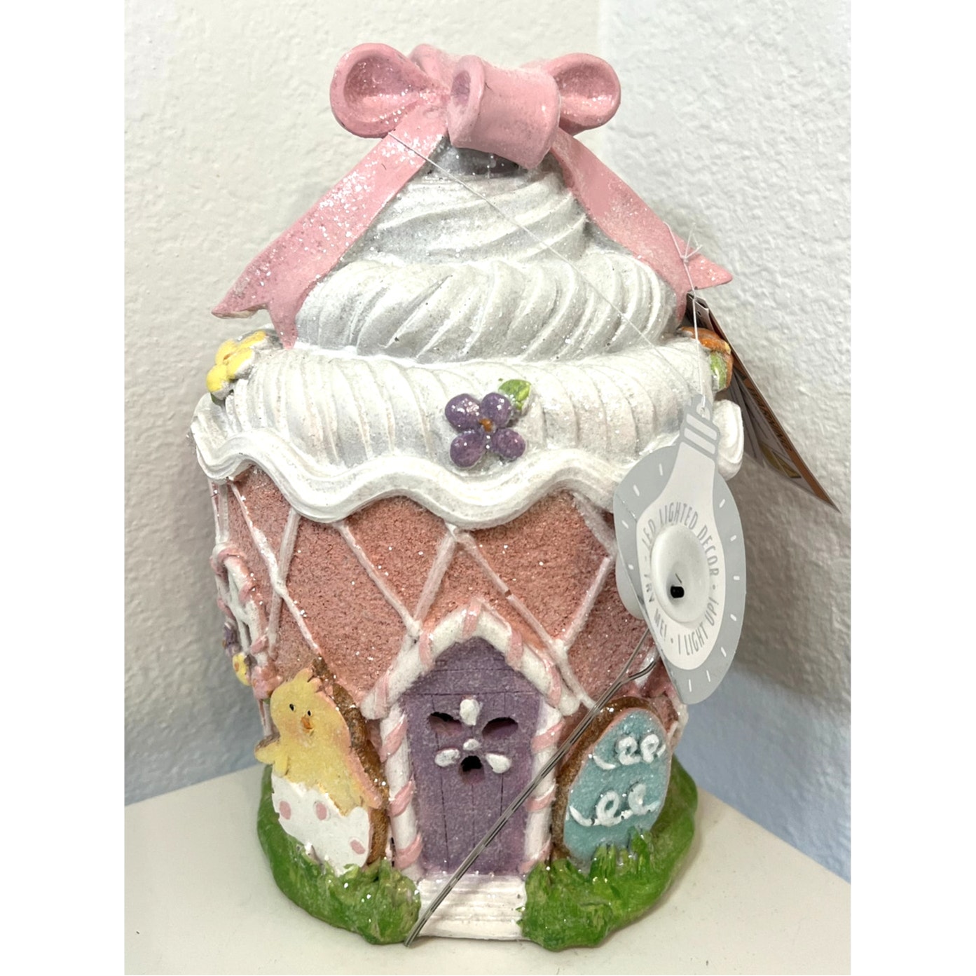 EASTER CUPCAKE Pastel Led Light-Up Gingerbread House, With Glitter and Pink Bow