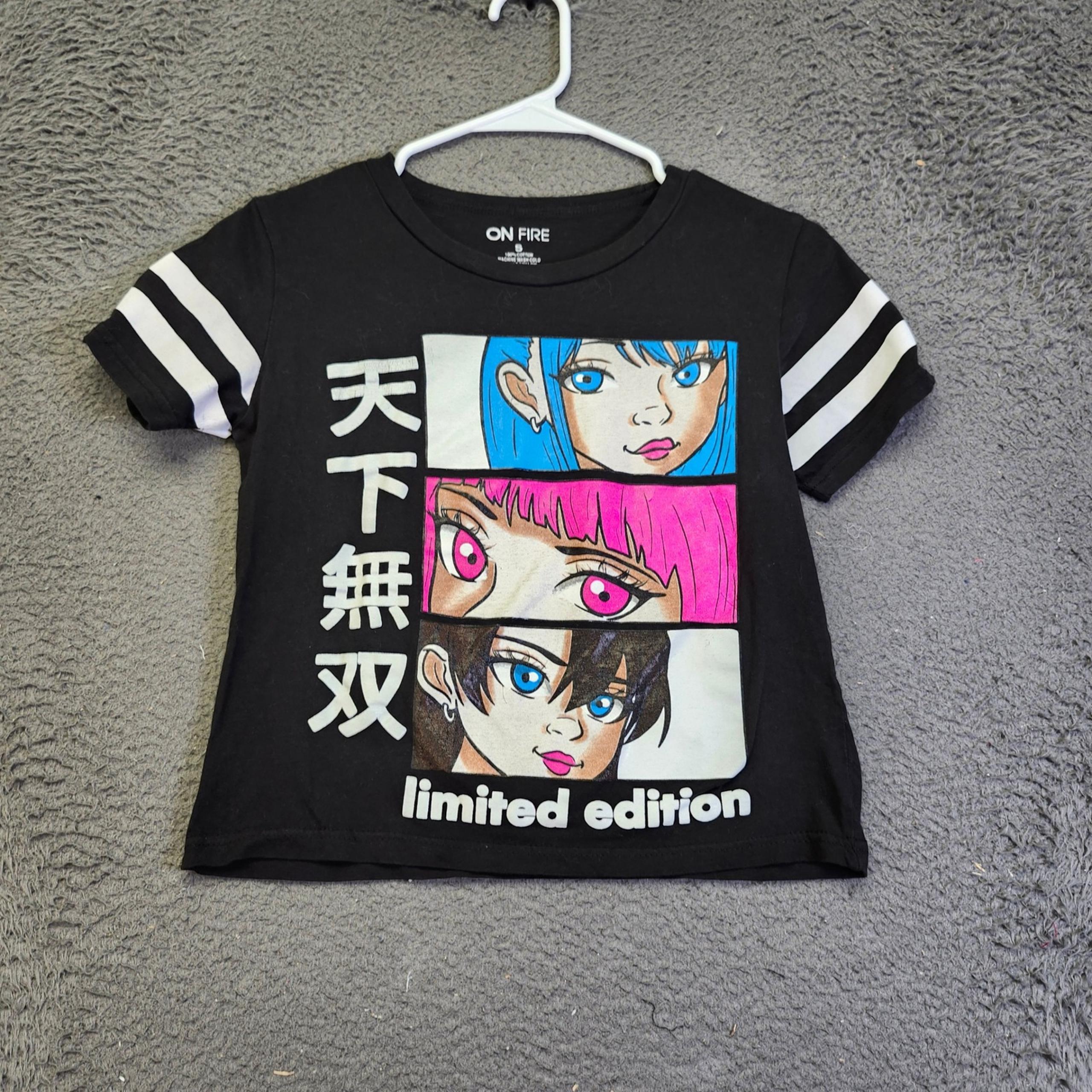 On Fire Anime Graphic Tee Limited Edition Striped Sleeve T-Shirt Size S