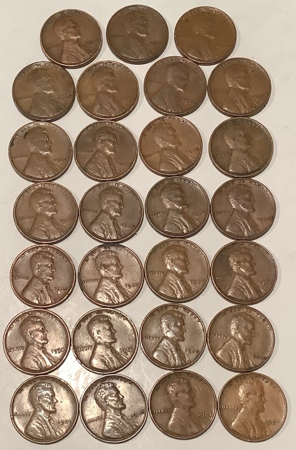 27 vintage 1930 decade copper wheats coins blue cent 1935 die crack penny lot