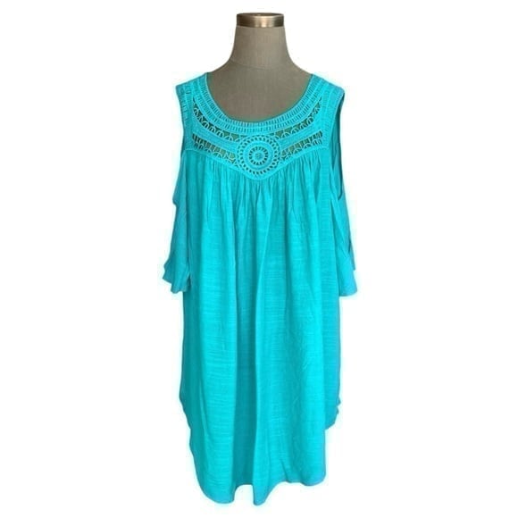Women Top Catalina Turquoise Cold Shoulder Blouse Ruffled Crochet Shirt