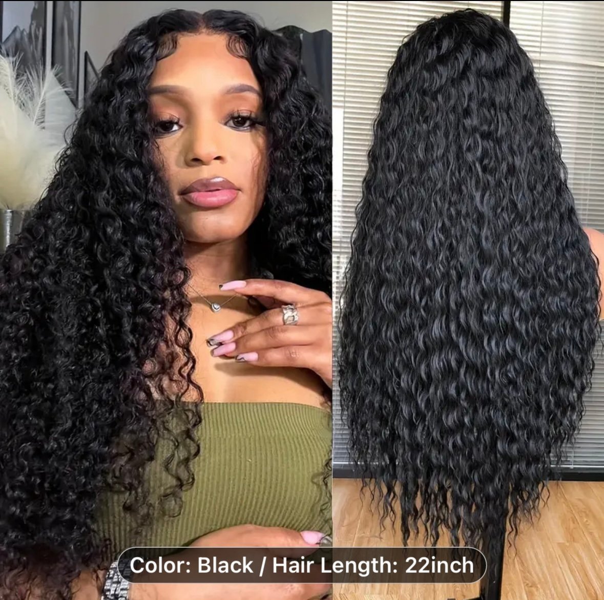 13x3 Lace Front Curly Wave wig 22 inches Black- 150% Density, Synthetic Fiber-