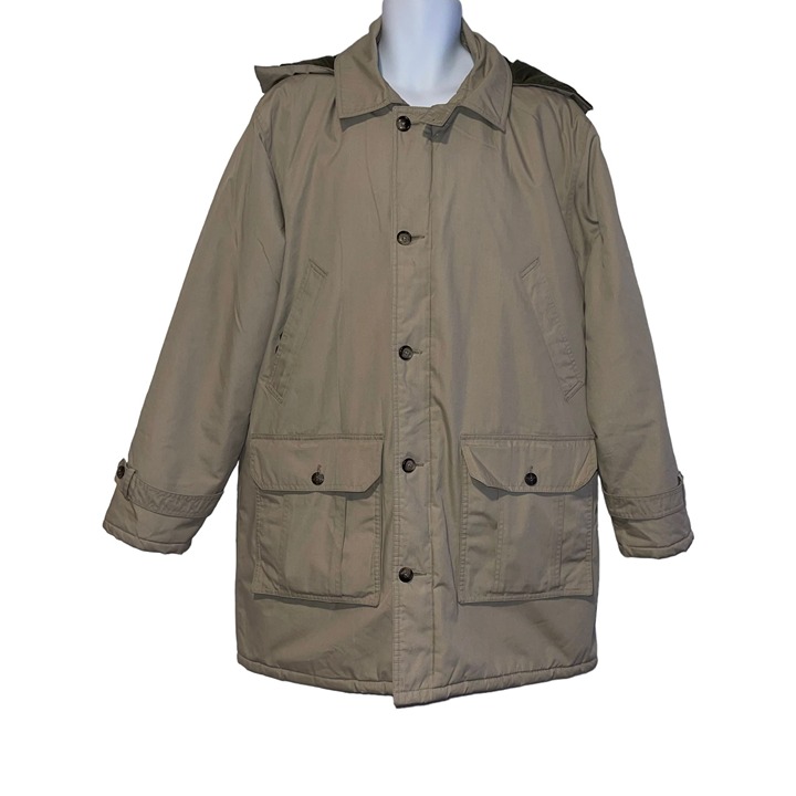 Vintage Field and Stream Khaki Coat Mens L Lined Insulated Pockets Hoodie Hooded