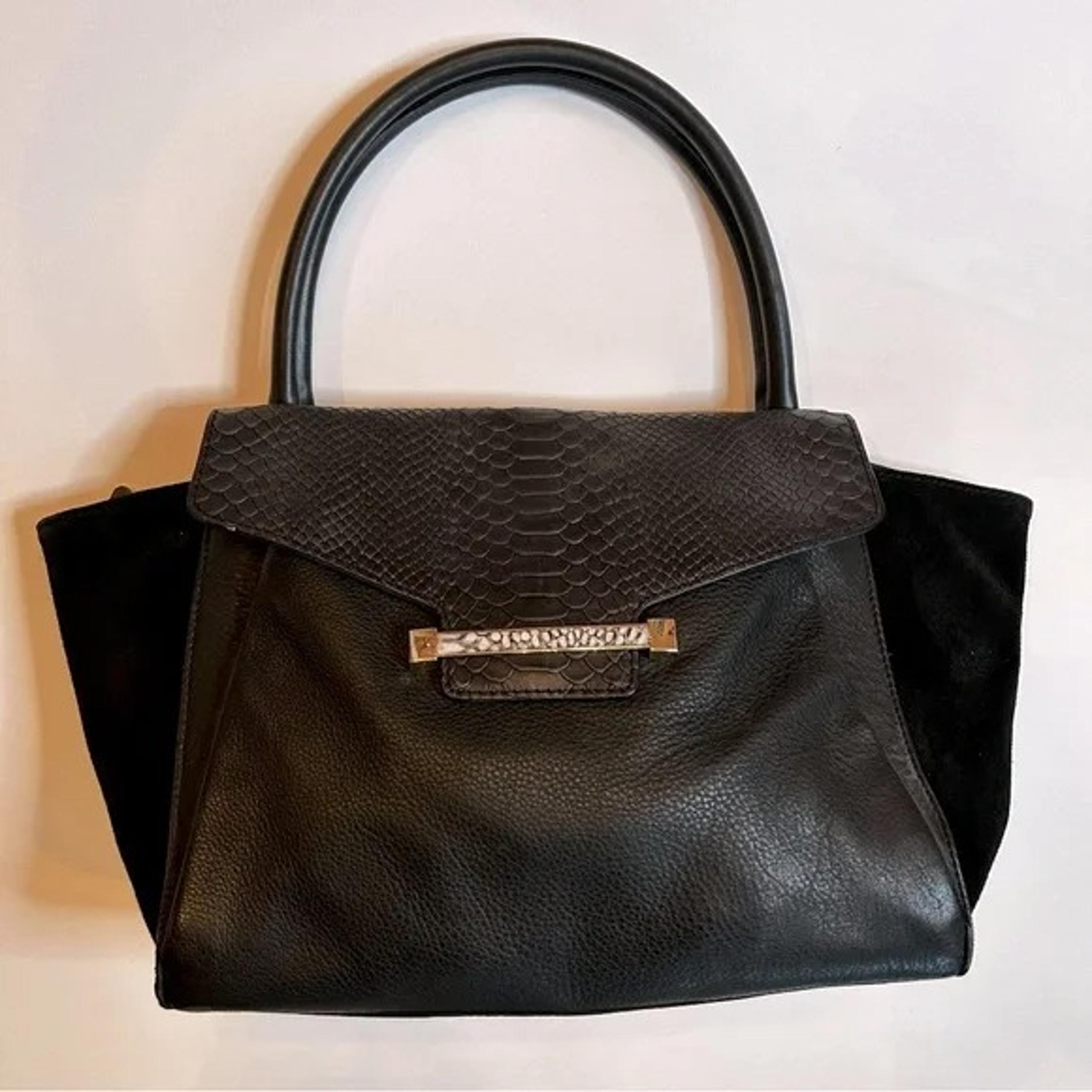 Vince Camuto Women's Black Genuine Suede & Leather Trapeze Bag with Snake Print