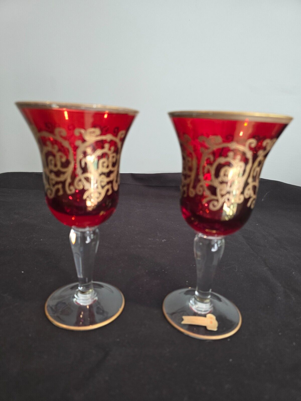 SET of 2 Interglass Italy Red & Hand Painted 24K Gold Water/Wine Glasses