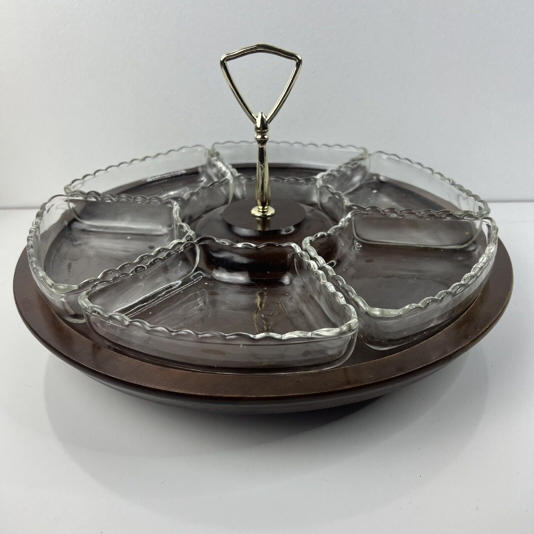 Vintage Vermillion Walnut Lazy Susan Divided Serving Platter Wood And Glass