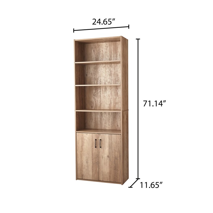 Traditional 5 Shelf Bookcase with Doors, Weathered Oak-A1