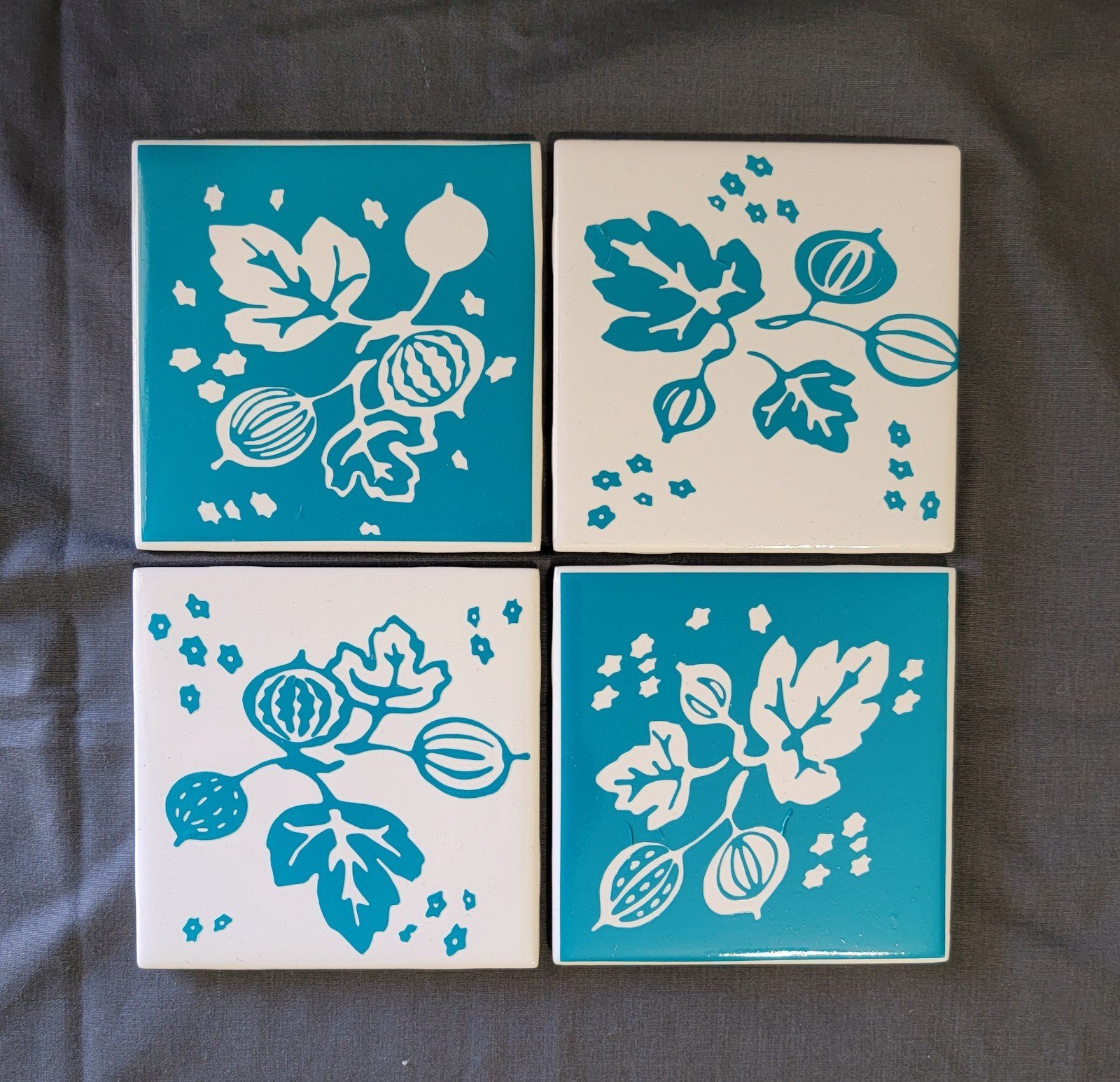 JAJ Pyrex inspired Turquoise Gooseberry pattern set of 4 coasters