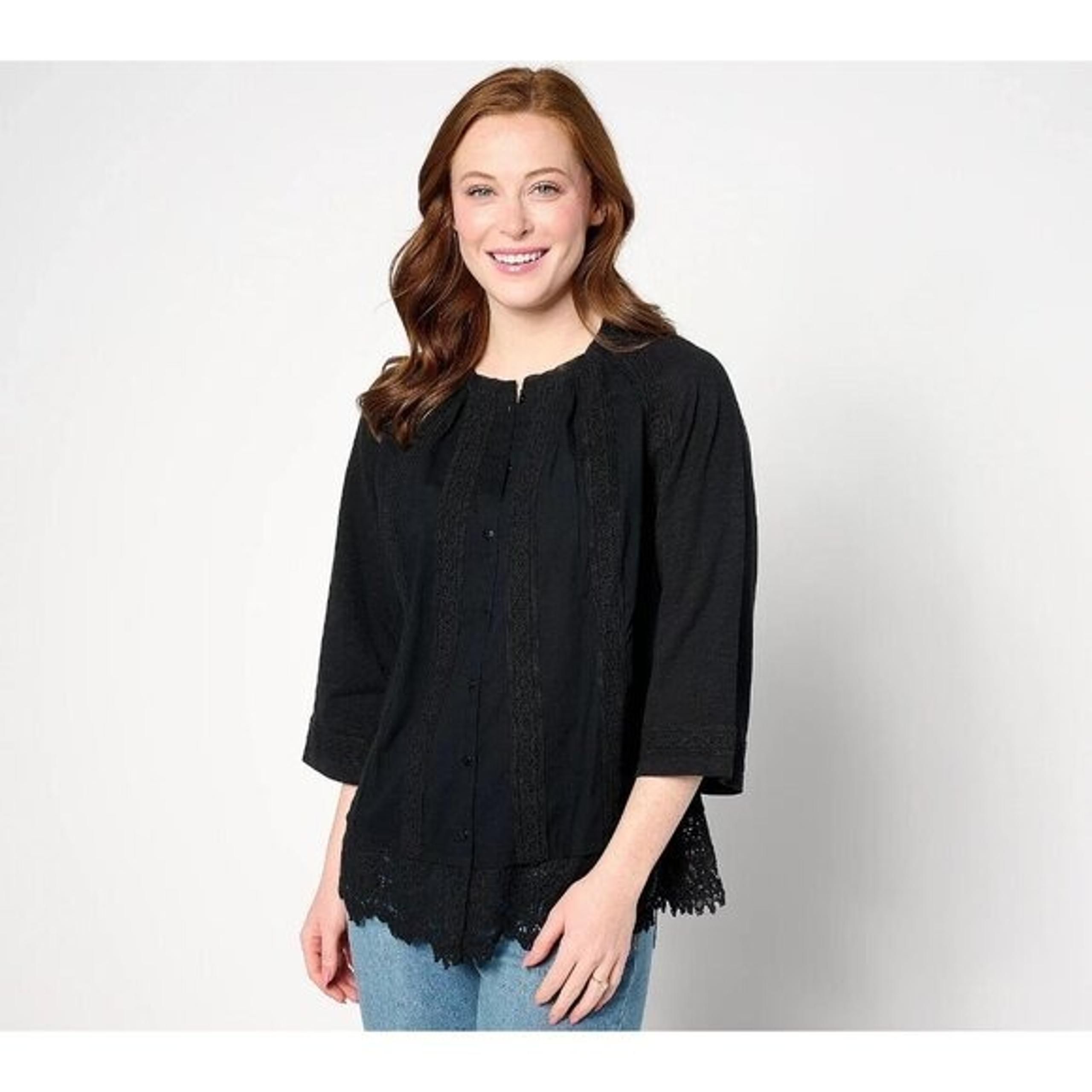 LOGO Lavish by Lori Goldstein Woven Button Front Top with Lace Black,XS