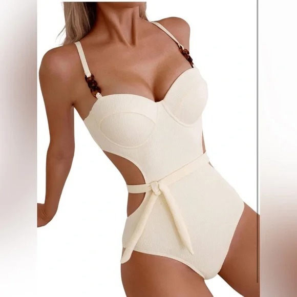Elegant Ribbed Cutout Swimsuit - Perfect for Summer One Piece Beige