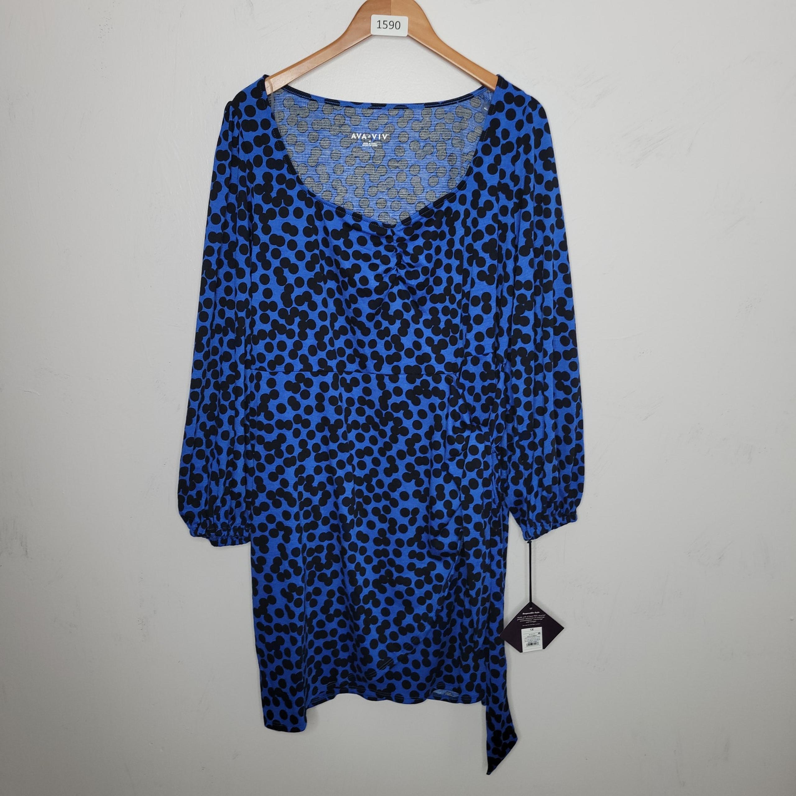 Ava & Viv Women Faux Wrap Dress Size 1X Balloon Sleeve Blue Black Balloon Sleeve
