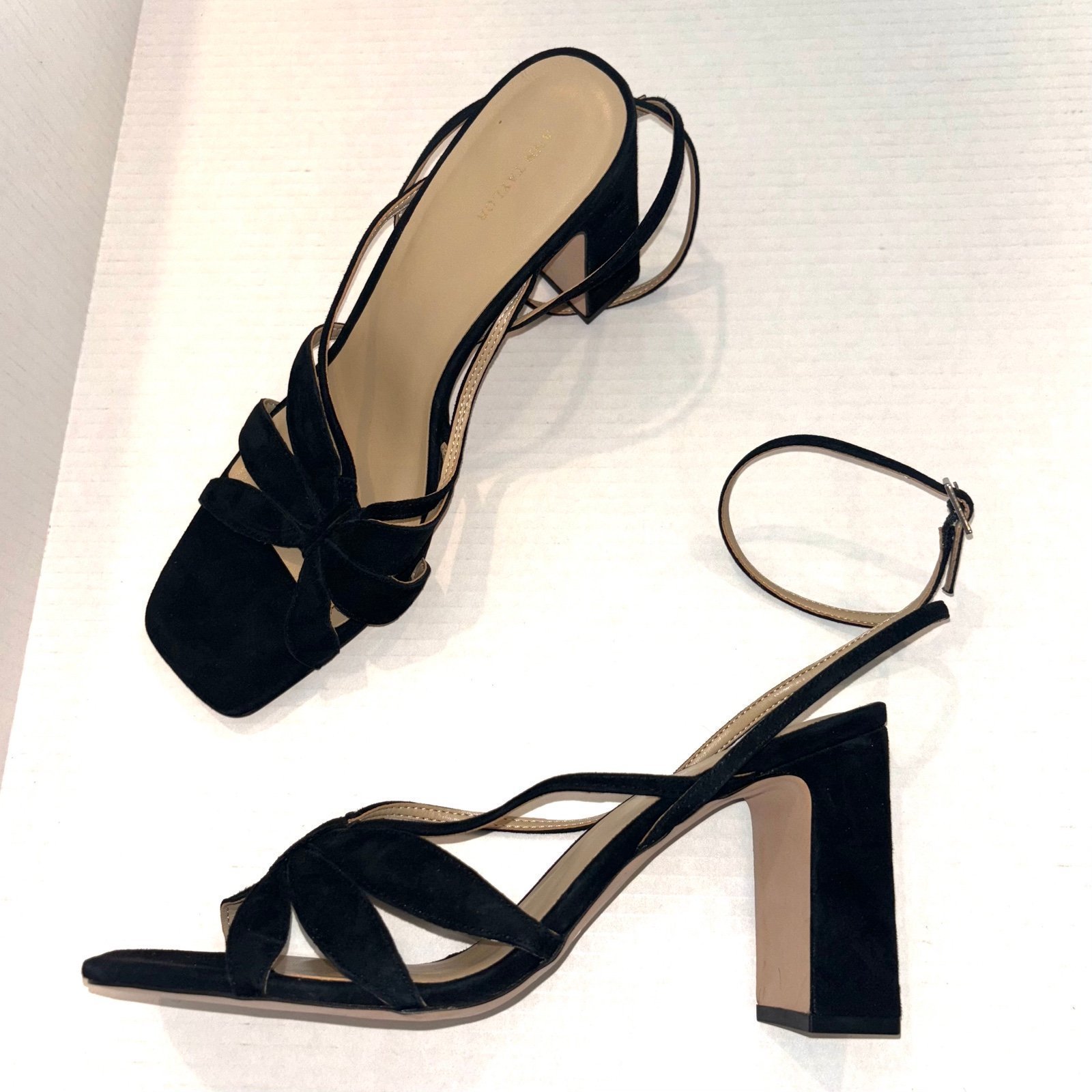Ann Taylor Rue Black Suede Petal strap block heel sandals size 11 NEW
