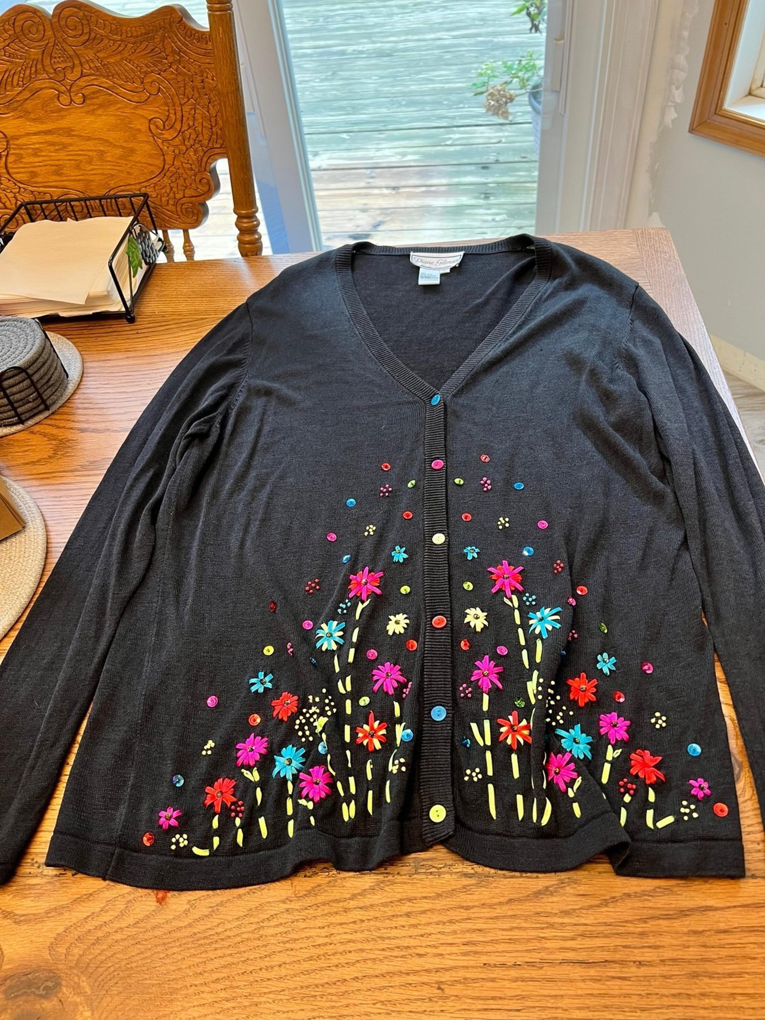 Womans plus light weight cardigan sweater w/ ribbon flowers by Diane Gilman