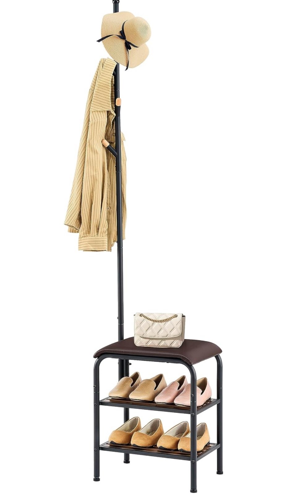 Coat Rack Stand Shoe Bench - 3 in 1 Coat Hall Tree with Shoe Storage