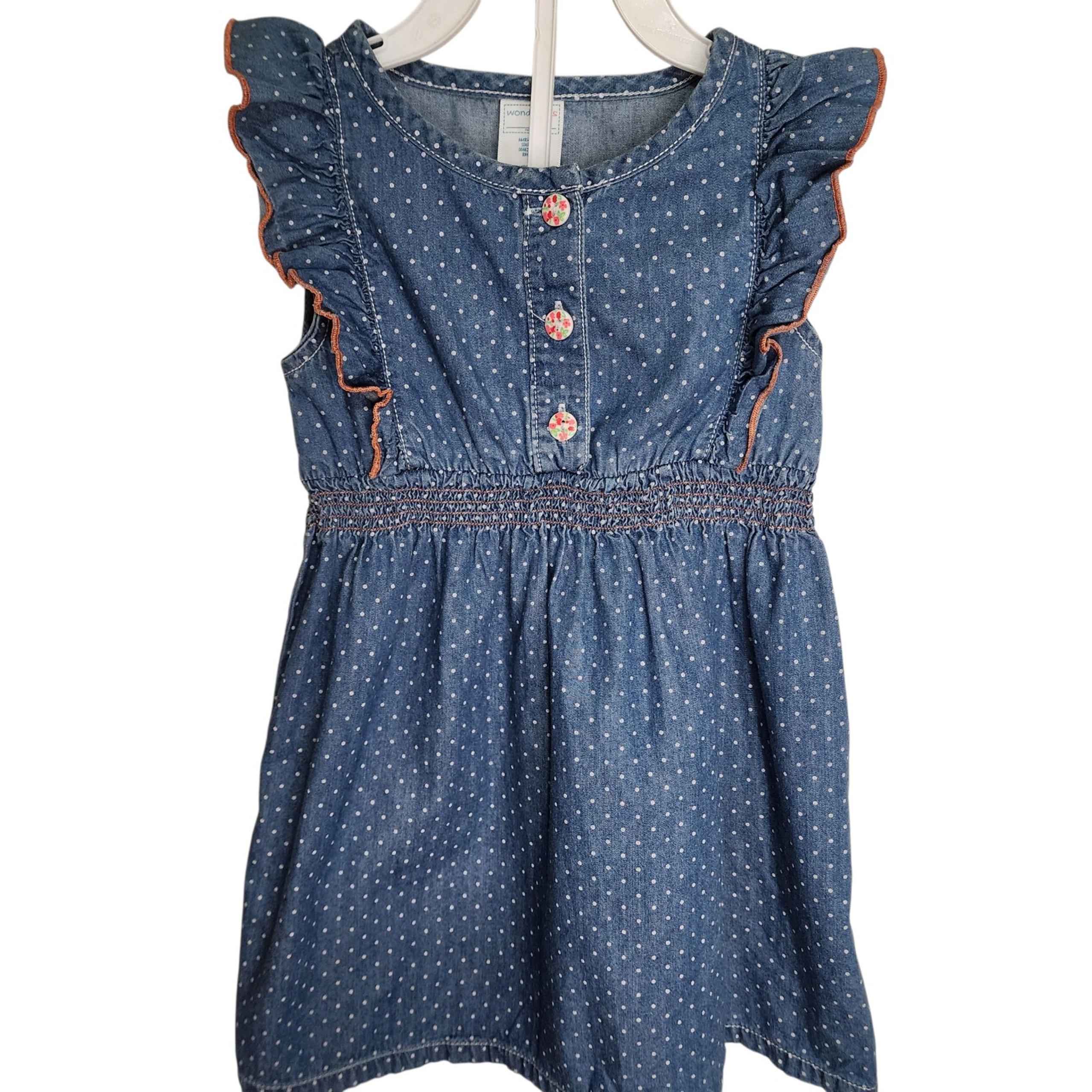 Wonder Kids Toddler Girls 3T Denim Polka Dot Dress Ruffle Smocked Waist Buttons
