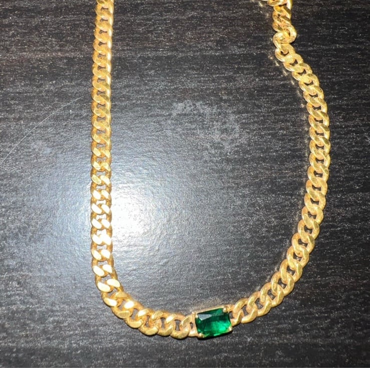 Gold Cuban Link Necklace with Emerald