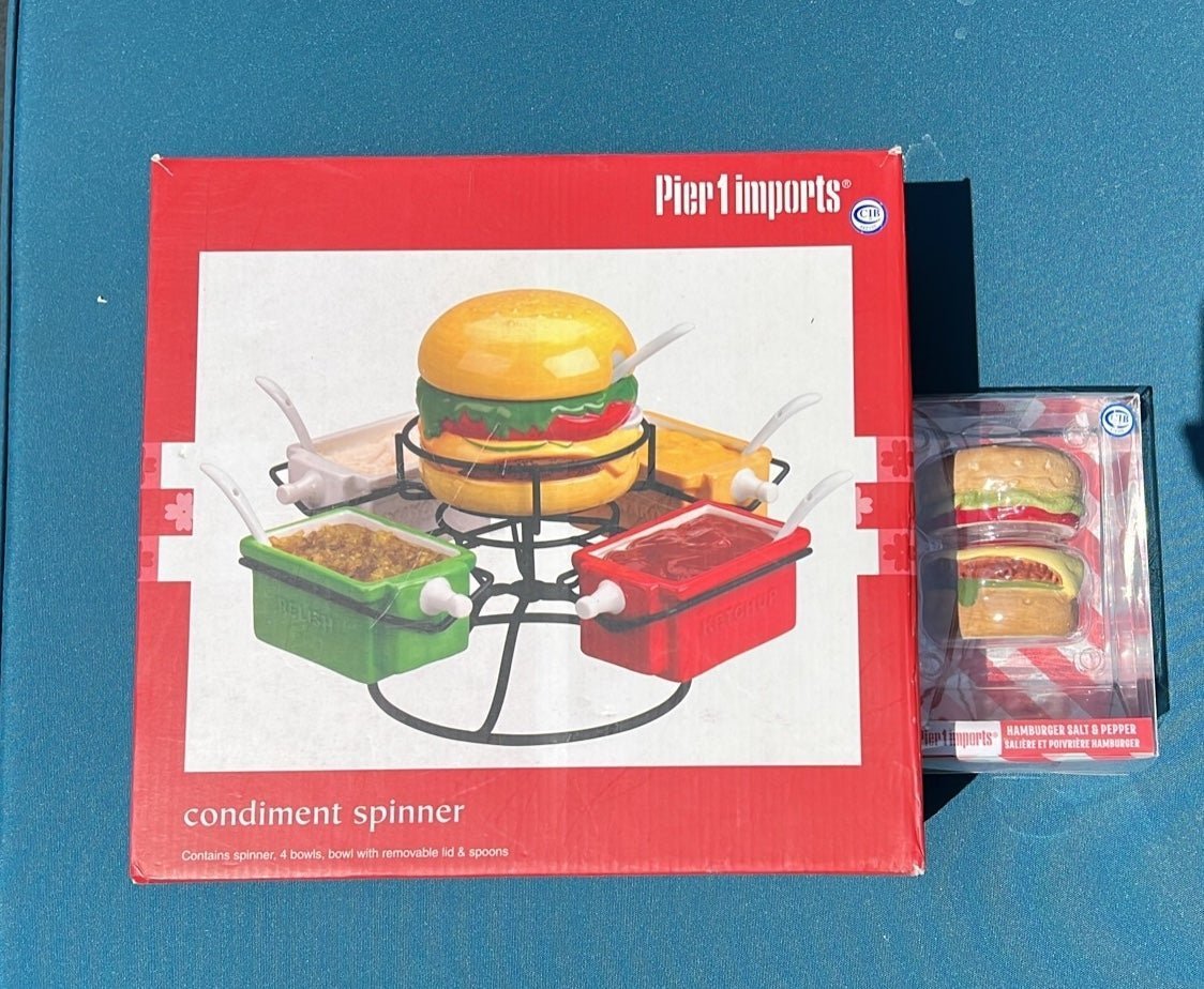 New Pier 1 imports Hamburger salt and pepper shaker and condiments spinner