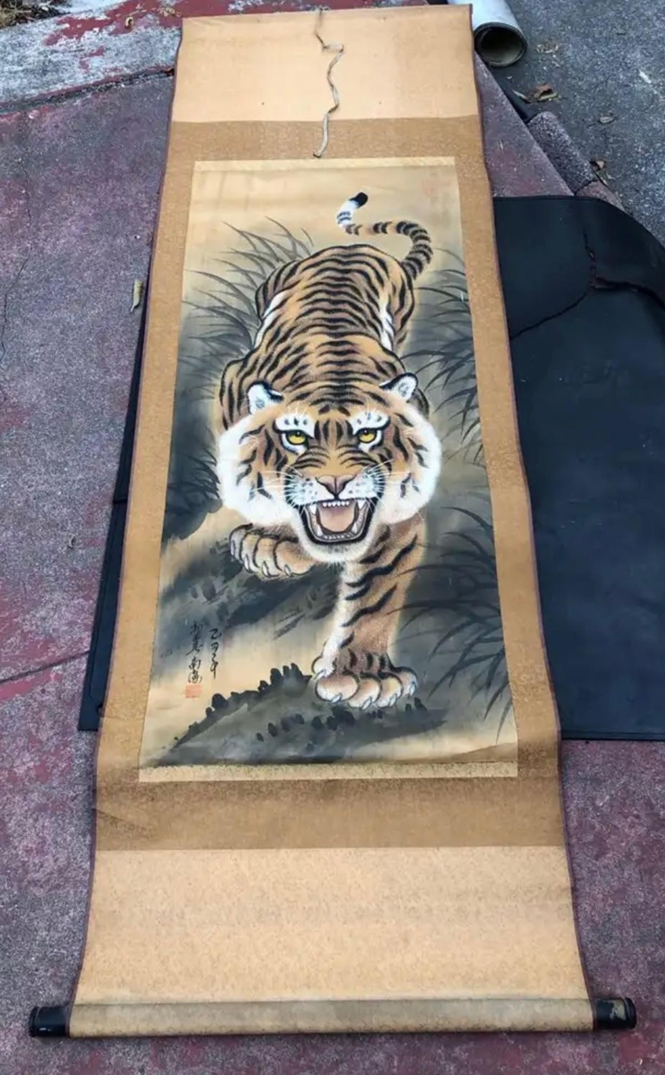 Vintage Silk Screen Tiger Scroll Art