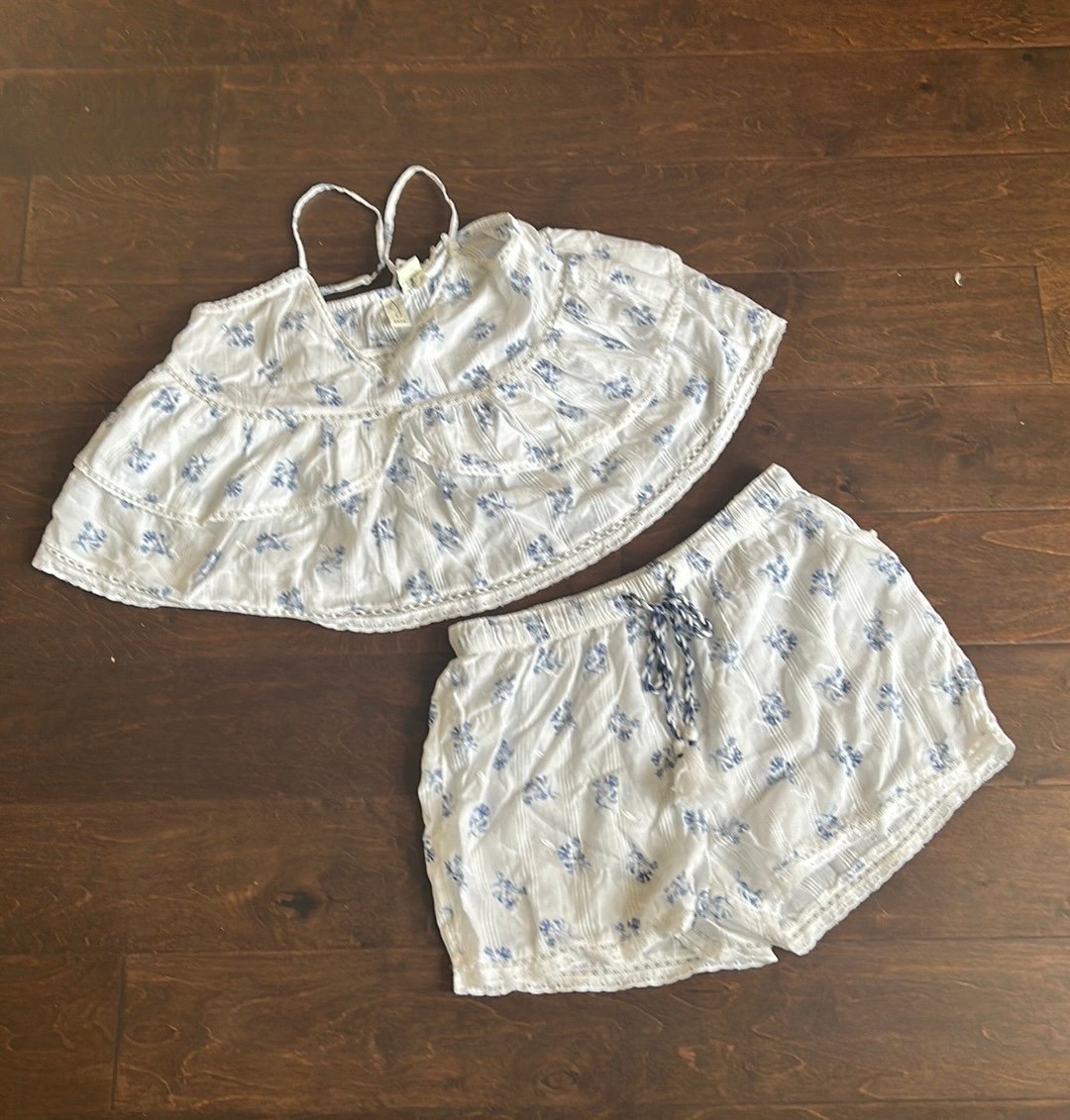 Joie Womens Blue White Embroidered Pajama Set Shorts Top New Lace Cotton Sz S