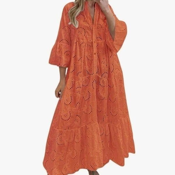 Lace Eyelet Embroidered Trumpet Sleeves Boho Dress